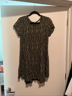 Olive Green Patterned Short Sleeve Swing Dress